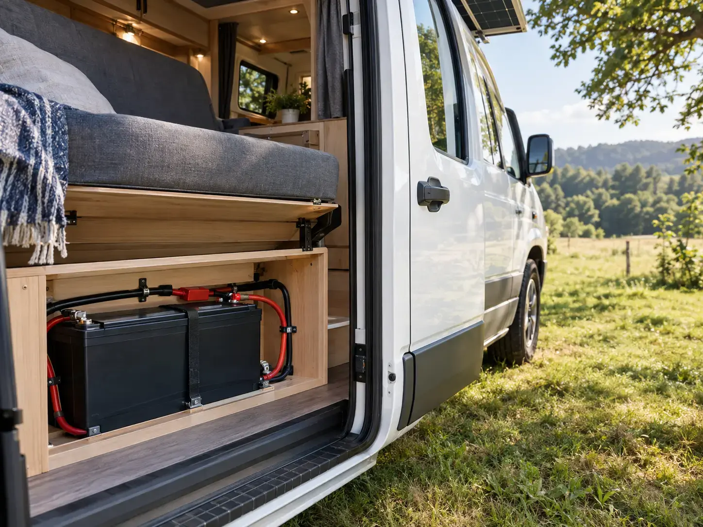 Kastenwagen auf Stellplatz, Aufbaubatterie im offenen Sitzkasten, Solarmodul am Dach
