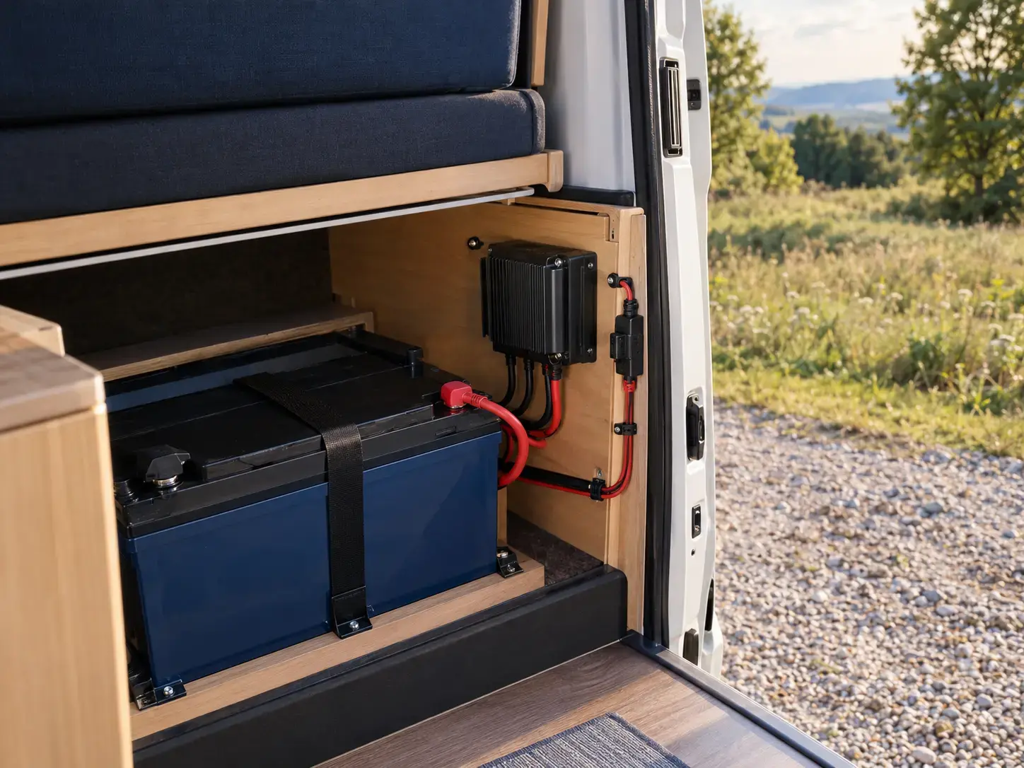 Aufbaubatterie und Ladebooster im geöffneten Sitzkasten eines Kastenwagens