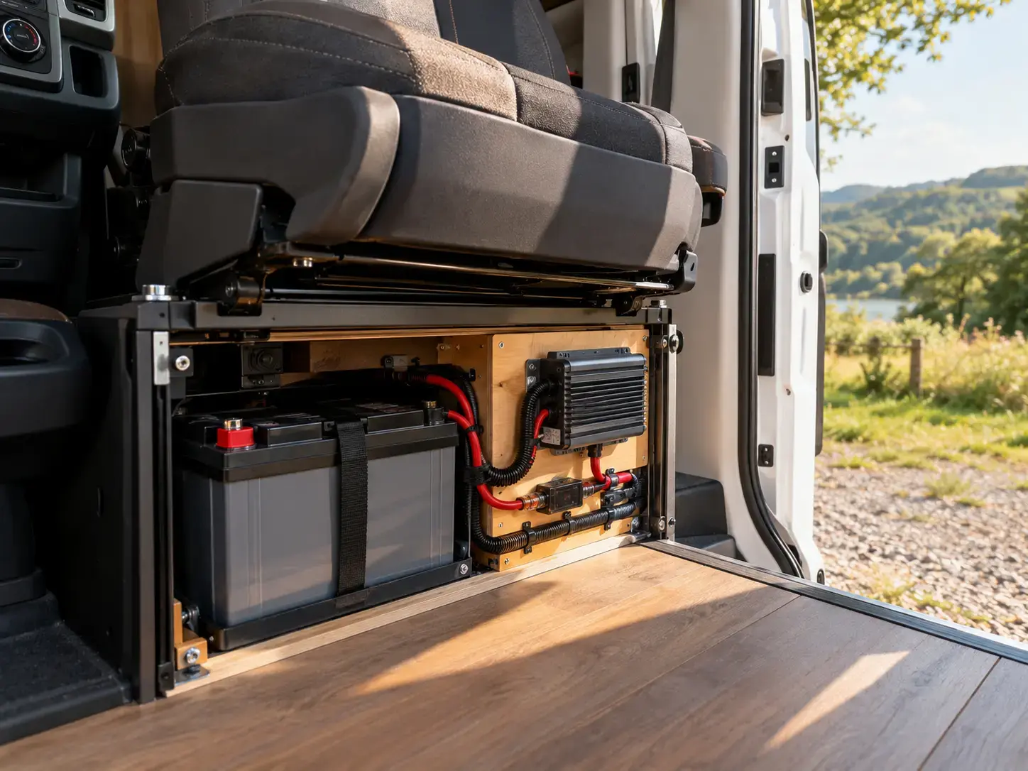 Geöffneter Sitzsockel im Kastenwagen mit Aufbaubatterie und eingebautem Ladebooster