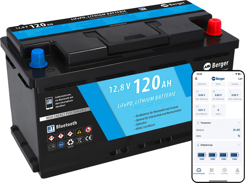 Berger LiFePO4 Lithium Batterie 120 Ah 12 V mit Bluetooth (Art.-Nr. 670819)